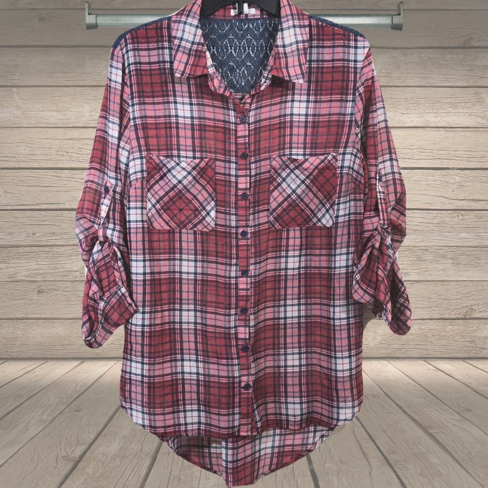 Xhilaration red and navy plaid sheer, long sleeved button-up shirt.